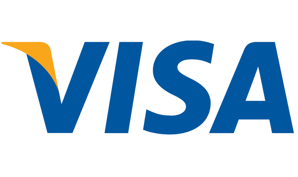 El logotipo de VISA aparece sobre un fondo blanco, con letras azules y un toque de color naranja en la esquina superior izquierda.
