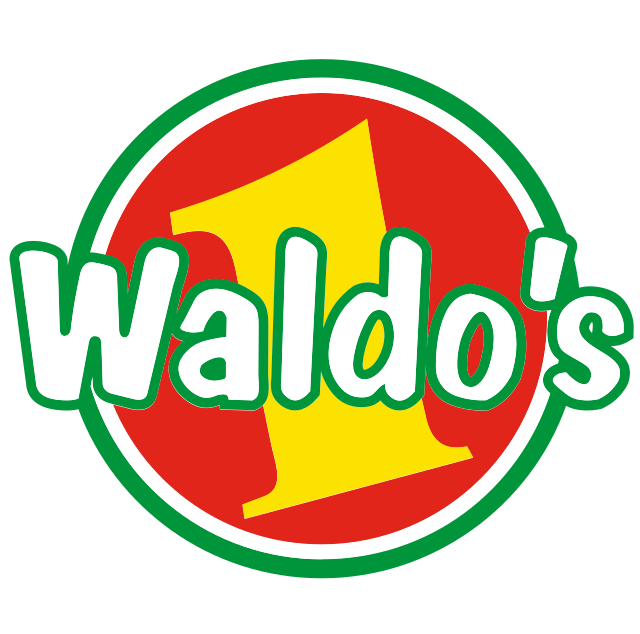 Logo de Waldo's con fondo rojo, borde verde, y letras blancas. La letra "W" es grande y amarilla dentro del círculo central.
