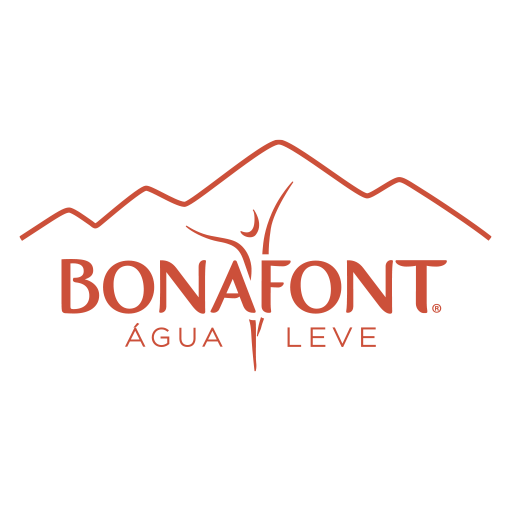 Logo de Bonafont con el lema "Agua Leve" y un diseño de montaña estilizada en el fondo. Utiliza colores naranjas intensos.